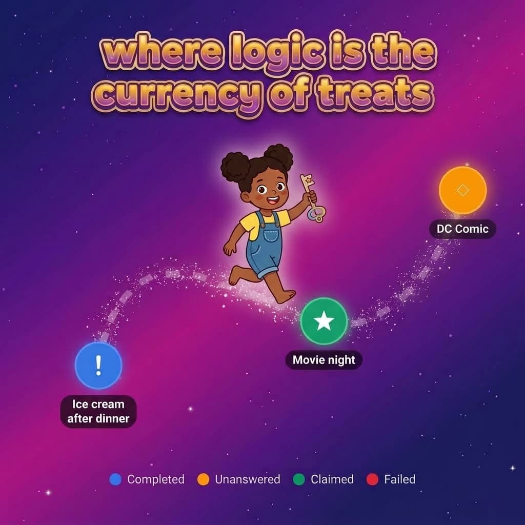A ThinkForTreats quest map, showing puzzle stops a child works through to unlock their reward.